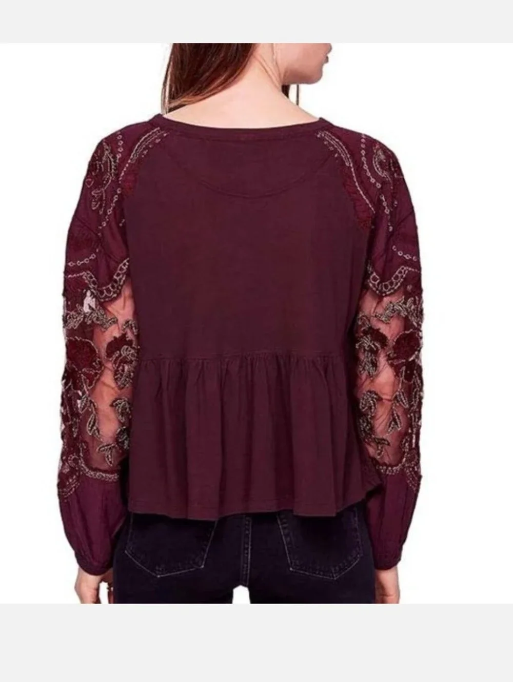 Free People Embellished Lace Detail Long Puff Sleeve Blouse Size Large
